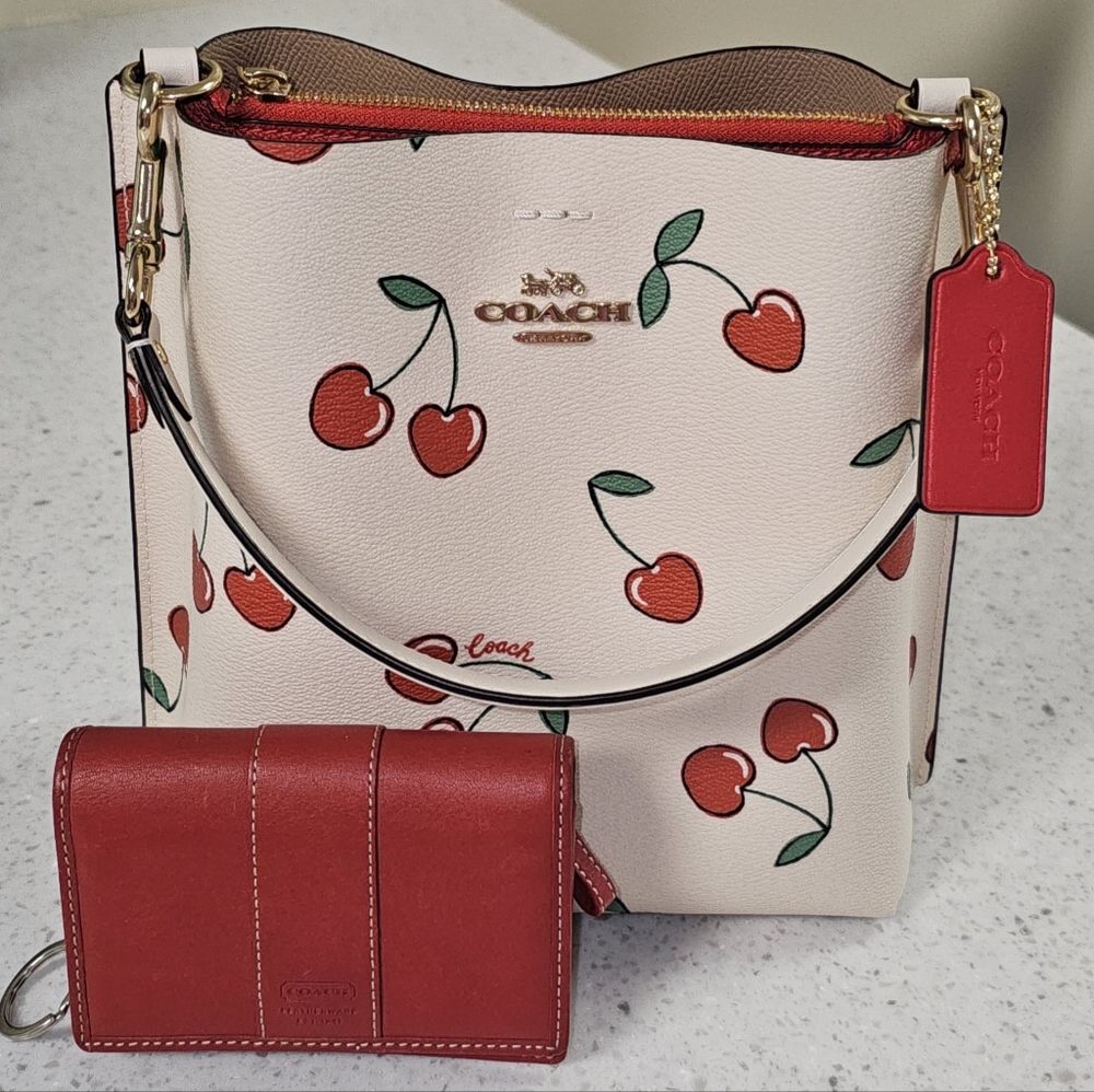 Coach Red and Cream Cherry Print Bucket Purse And Wallet Set